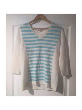 NEW! Kinross | 100% Cashmere V-Neck Sweater In Ivory & Aqua Stripes